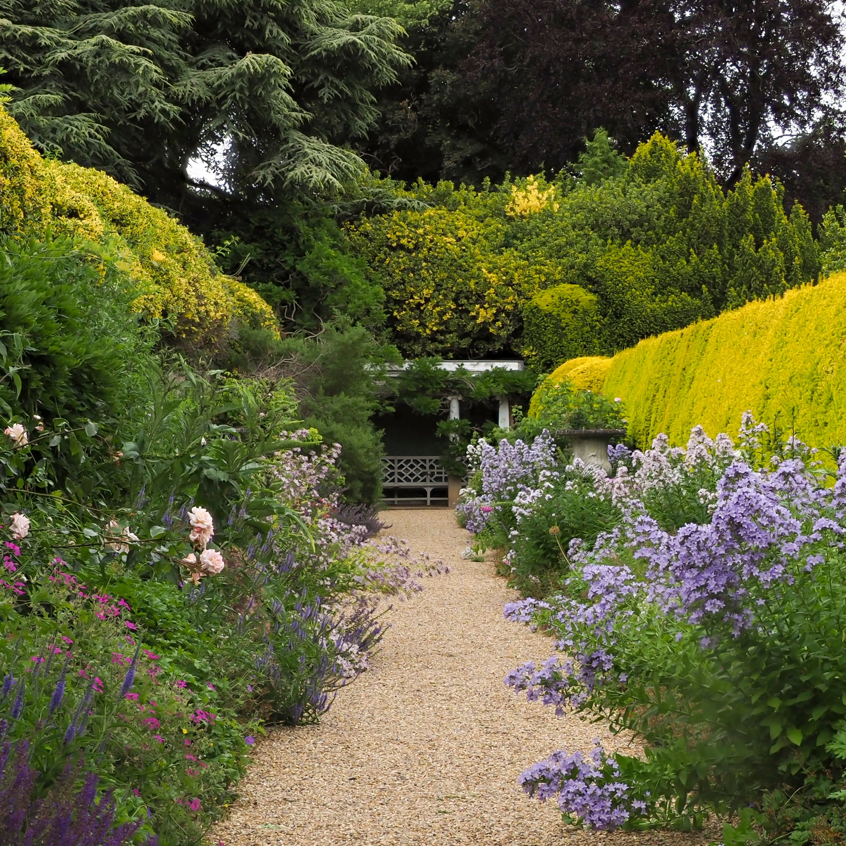 Pathway through a colorful garden with bushes, flowers, and a bench at the end.