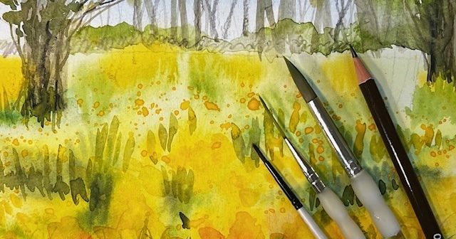 Watercolor painting of a sunny field with yellow flowers, trees, and four paintbrushes.