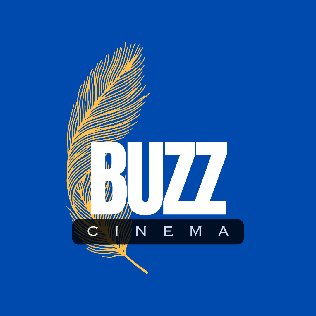 Buzz Cinema logo with yellow feather on blue background