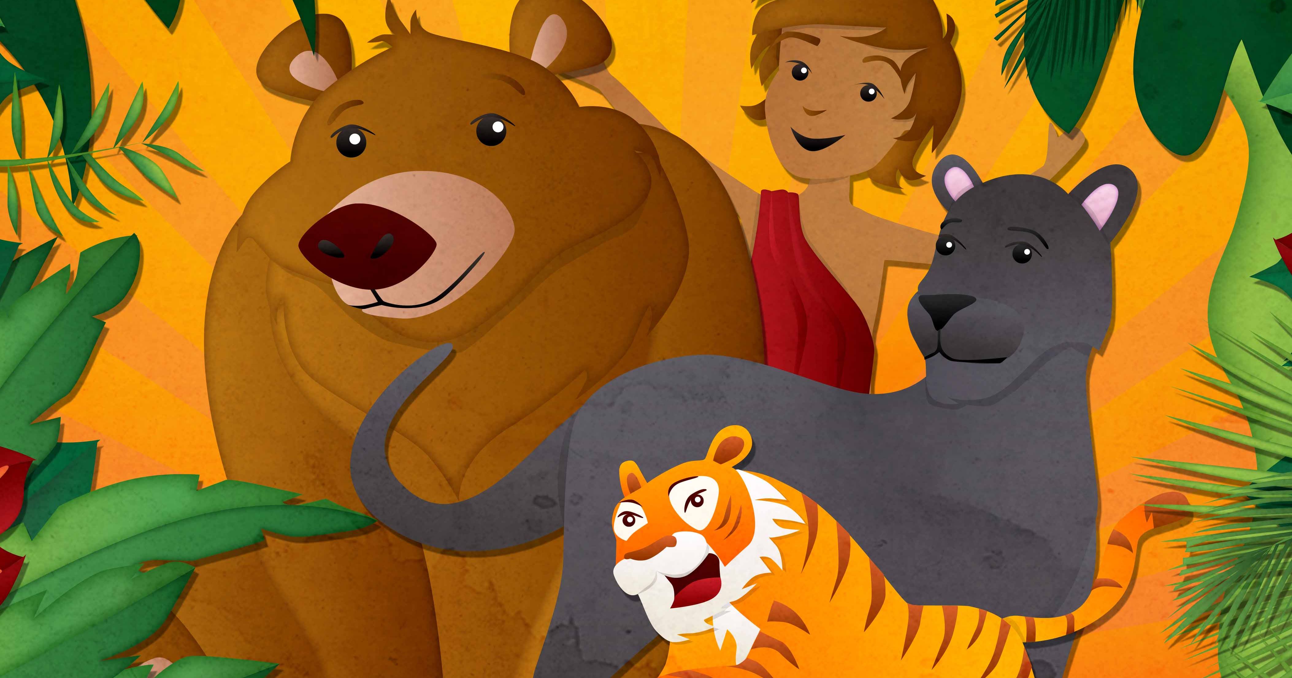 Illustrated Jungle Book poster featuring a boy, a bear, a panther, and a tiger surrounded by jungle foliage.