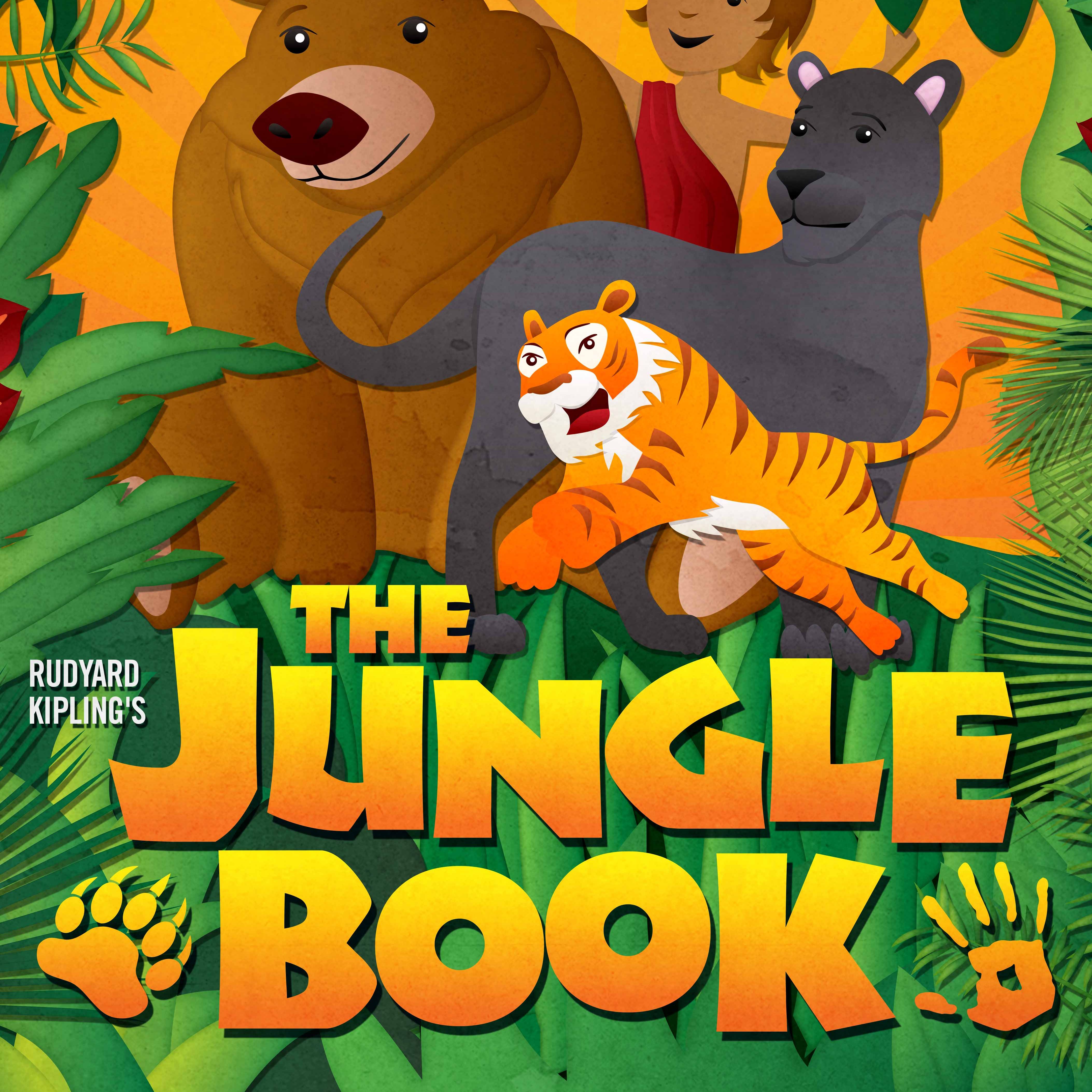 Illustrated Jungle Book poster featuring a boy, a bear, a panther, and a tiger surrounded by jungle foliage.