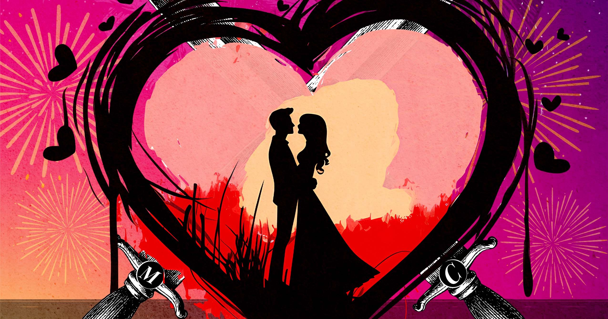 Romeo and Juliet poster with vibrant colors, a large ornate title, a heart with silhouettes of a couple, and daggers through the heart