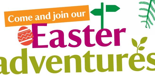 Colorful graphic with the text 'Come and join our Easter adventures' featuring an Easter egg, a signpost, and plant elements.