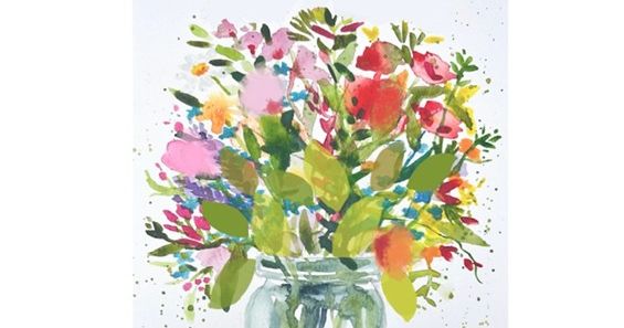 Watercolour painting of a colourful summer flower bouquet in a glass jar