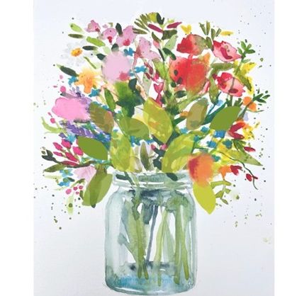 Watercolour painting of a colourful summer flower bouquet in a glass jar