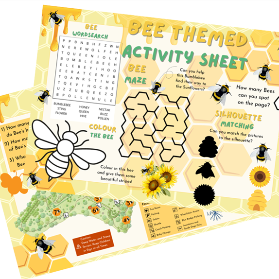 Bee-themed activity sheet with wordsearch, maze, colouring and silhouette matching, featuring bees, honeycomb and sunflowers