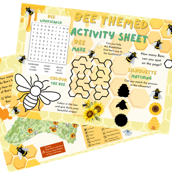 Bee-themed activity sheet with wordsearch, maze, colouring and silhouette matching, featuring bees, honeycomb and sunflowers