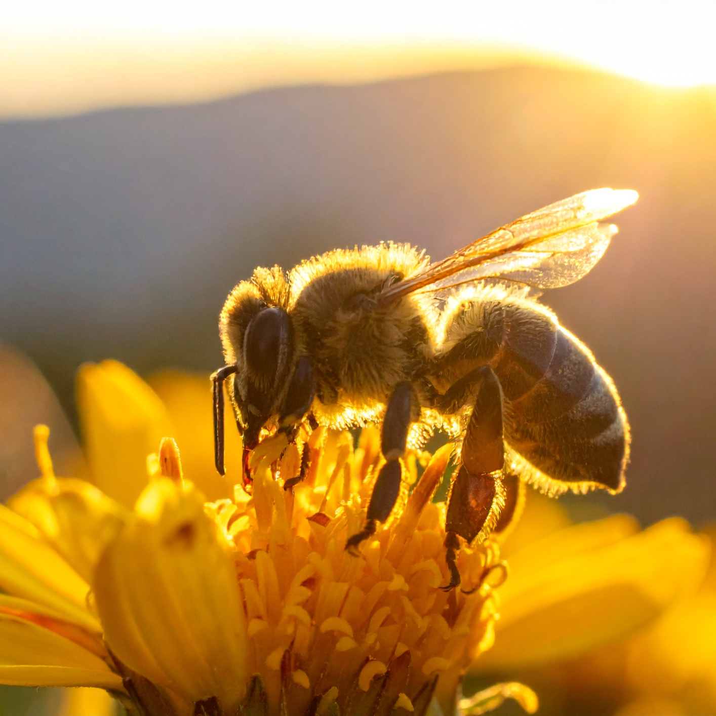 Close-up of a honeybee on a yellow flower in warm sunlight