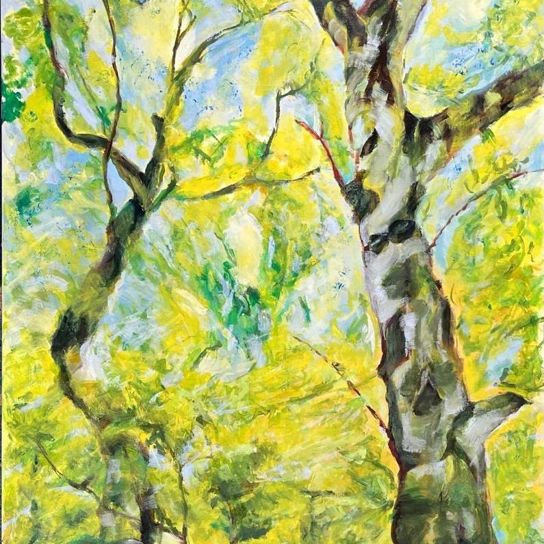 Expressive painting of two twisting tree trunks with sunlit green and yellow foliage against a pale blue sky