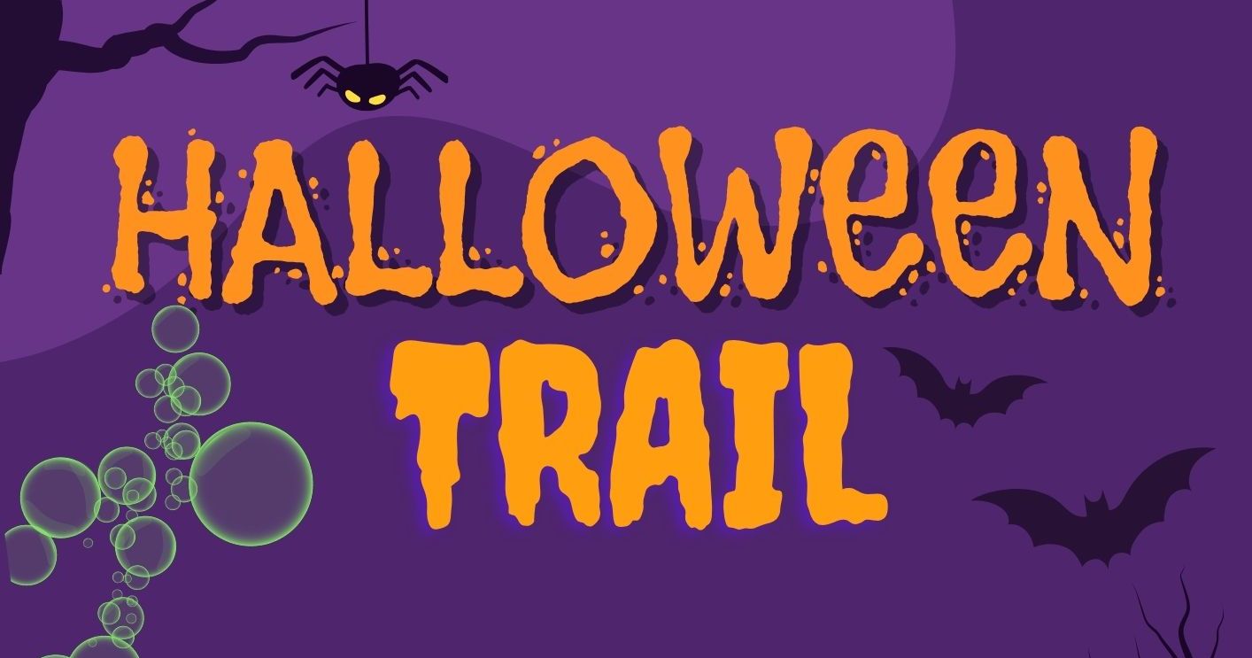 Halloween Trail leaflet teaser with witch on a broom, bats, spiders, bubbling cauldron and a green cat in a hat
