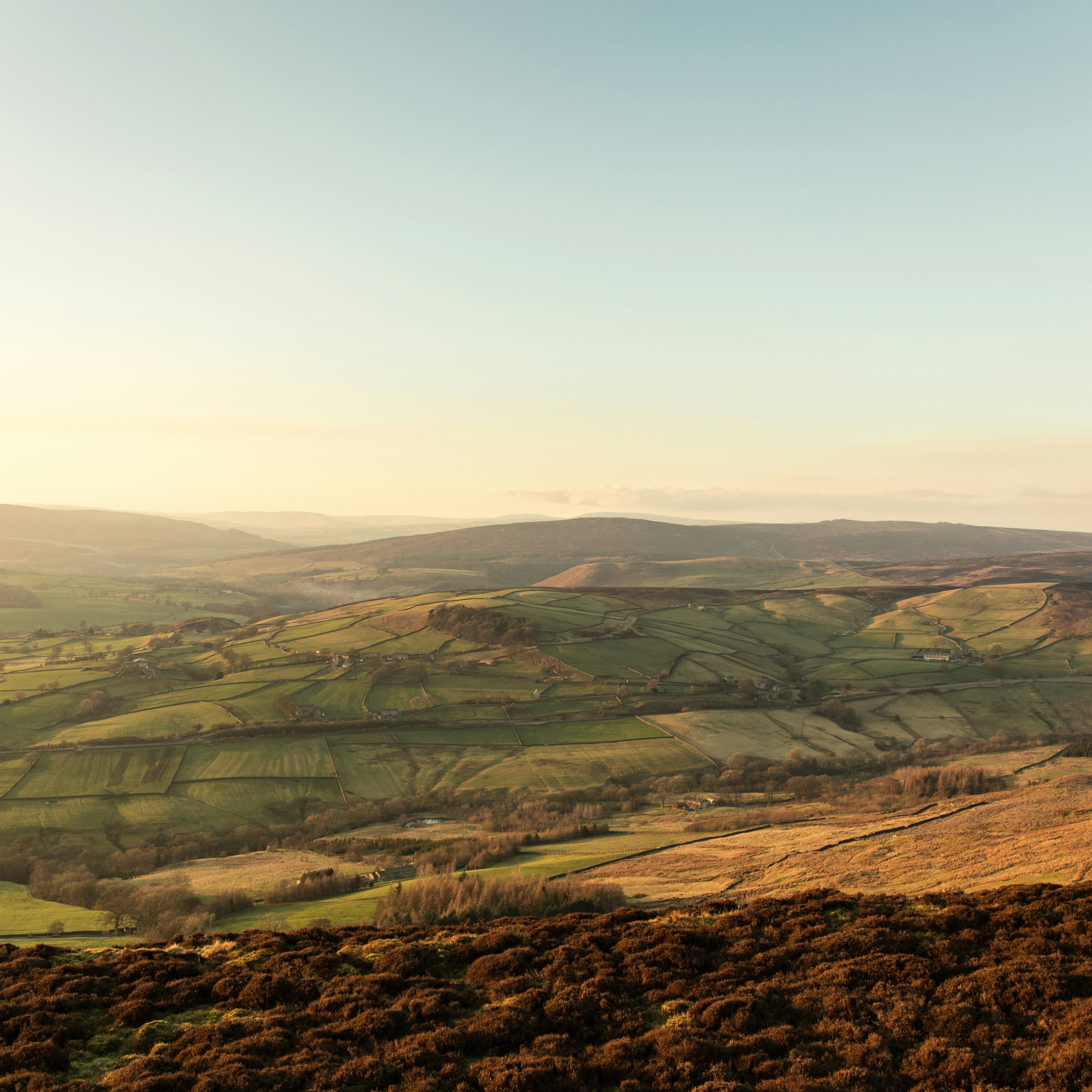 A scenic view of rolling green hills and patchwork fields under a clear blue sky