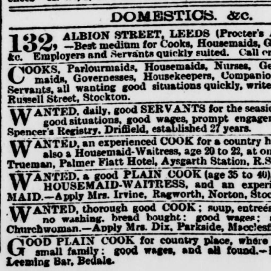 Old newspaper advertisement listing domestic job vacancies and agencies.