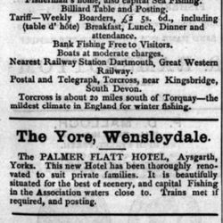 Vintage newspaper advertisement for fishing in England, including hotel information and amenities for anglers.