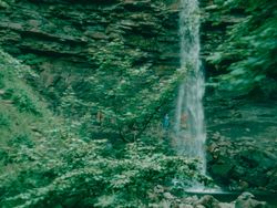 Tall waterfall cascading down a rocky cliff surrounded by lush greenery
