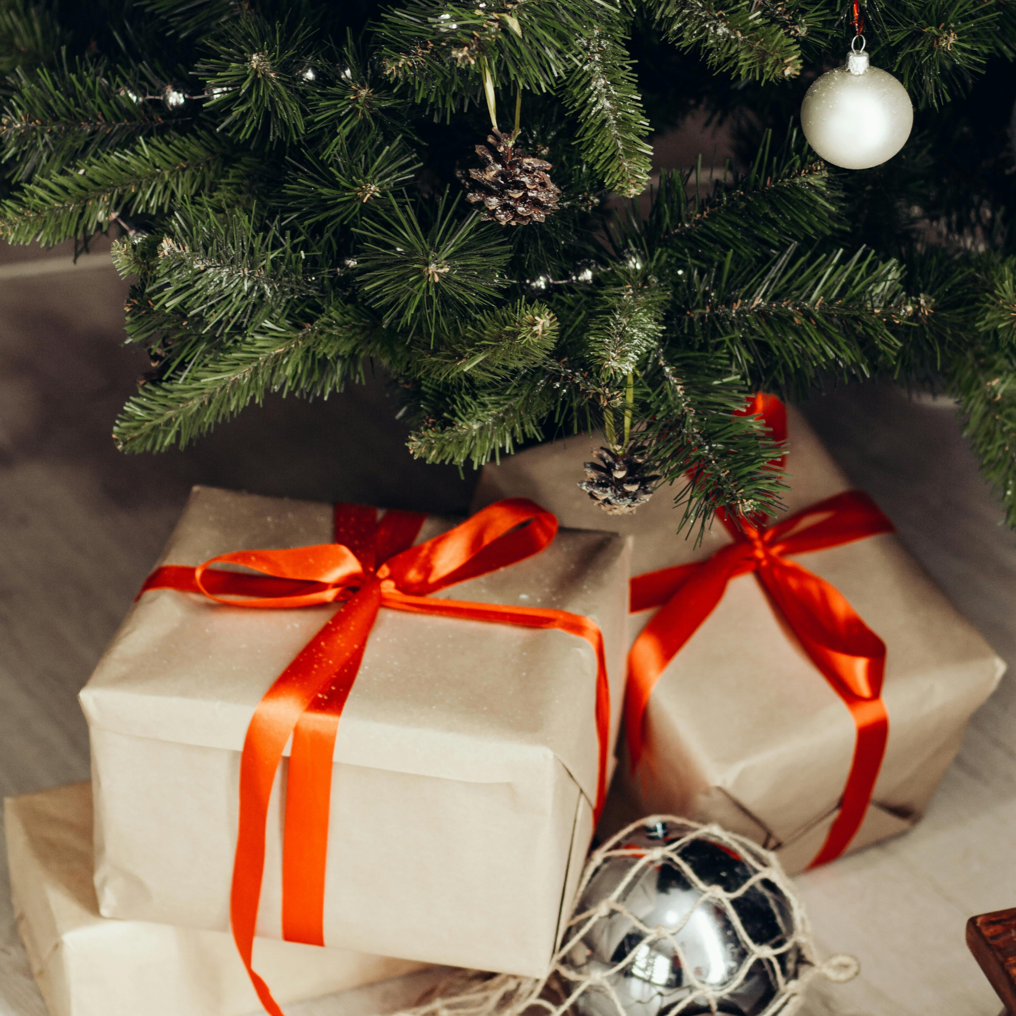 Christmas tree decorated with silver ornaments and pinecones, with wrapped gifts underneath