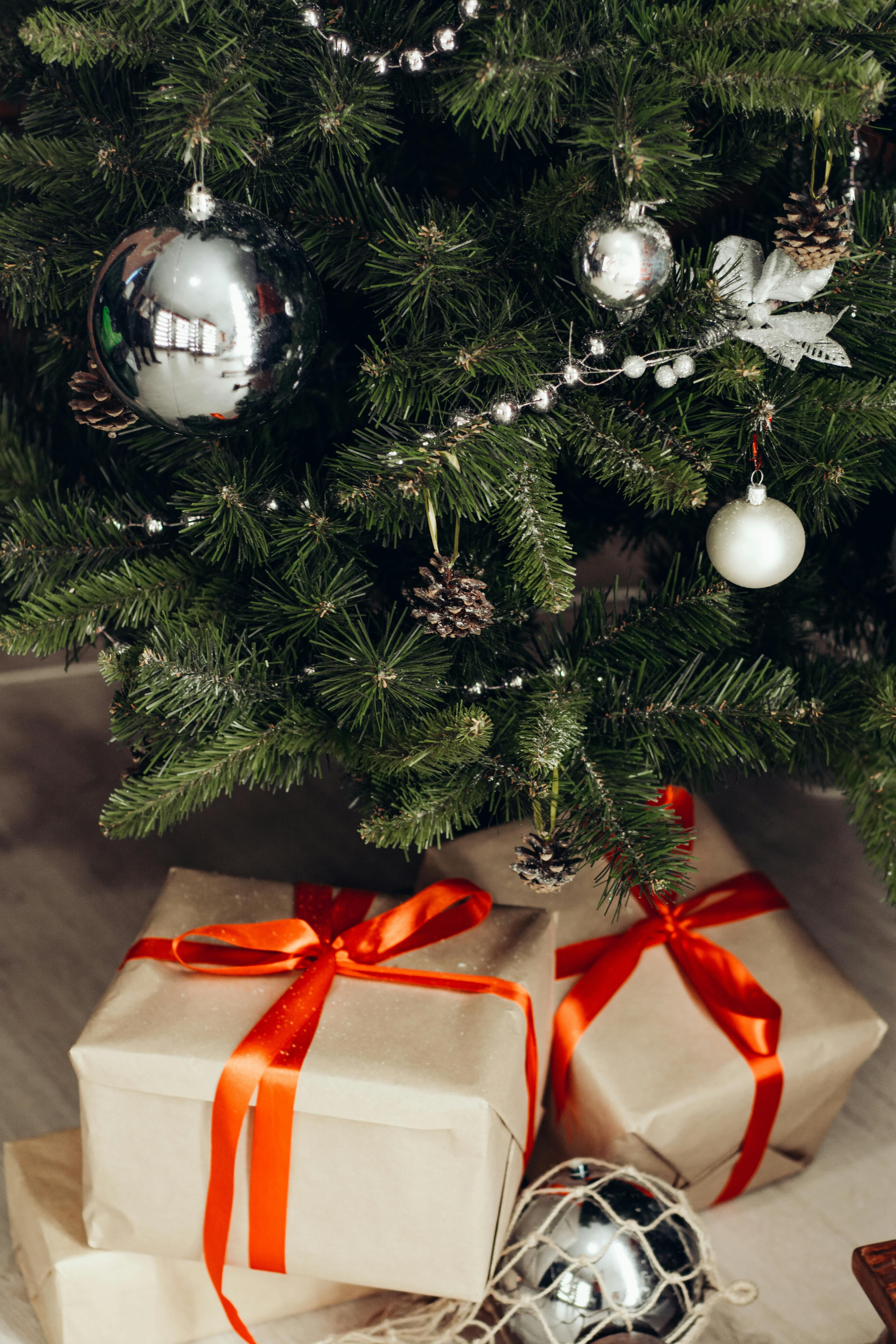 Christmas tree decorated with silver ornaments and pinecones, with wrapped gifts underneath