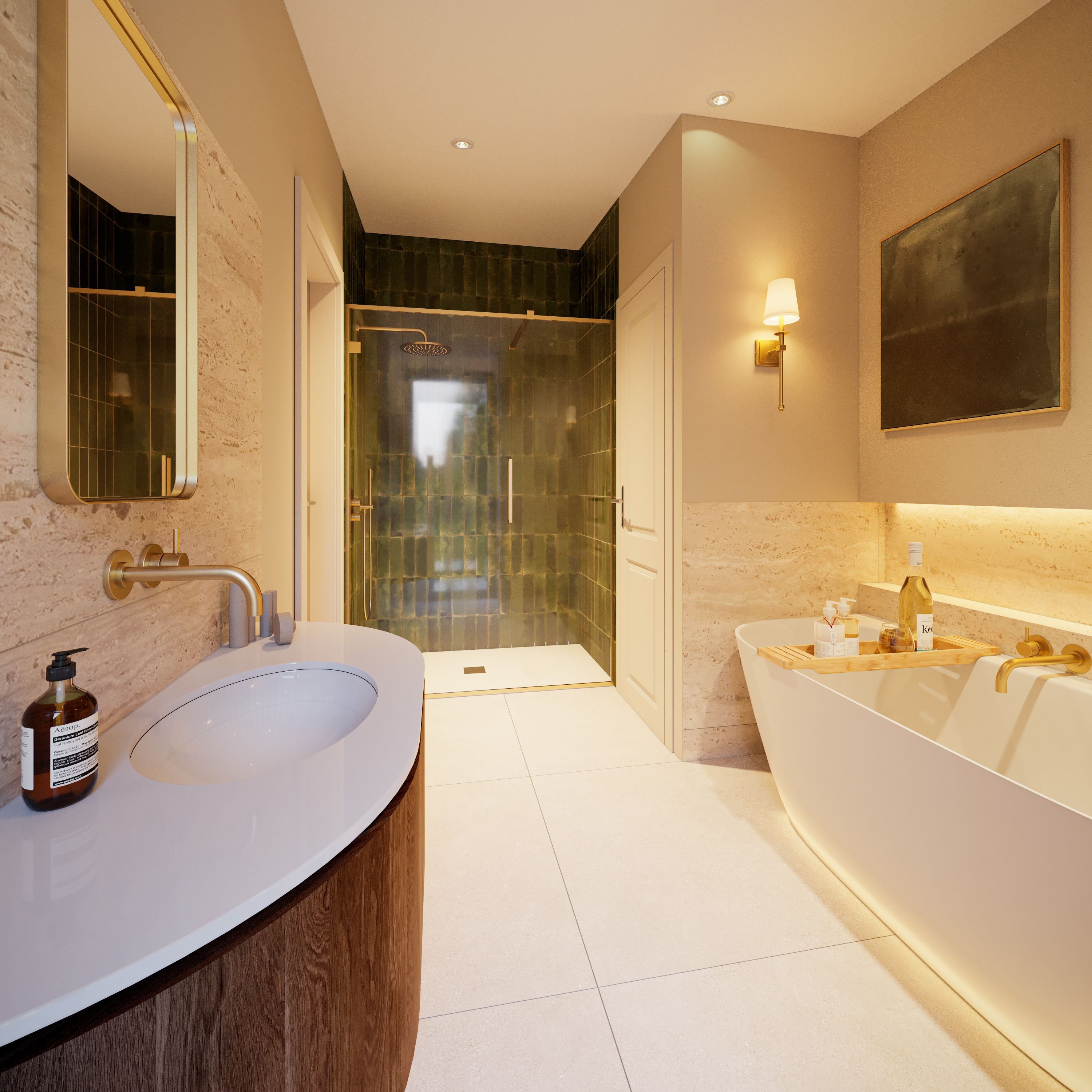 Modern bathroom with large freestanding bathtub, wood vanity, and glass-enclosed shower