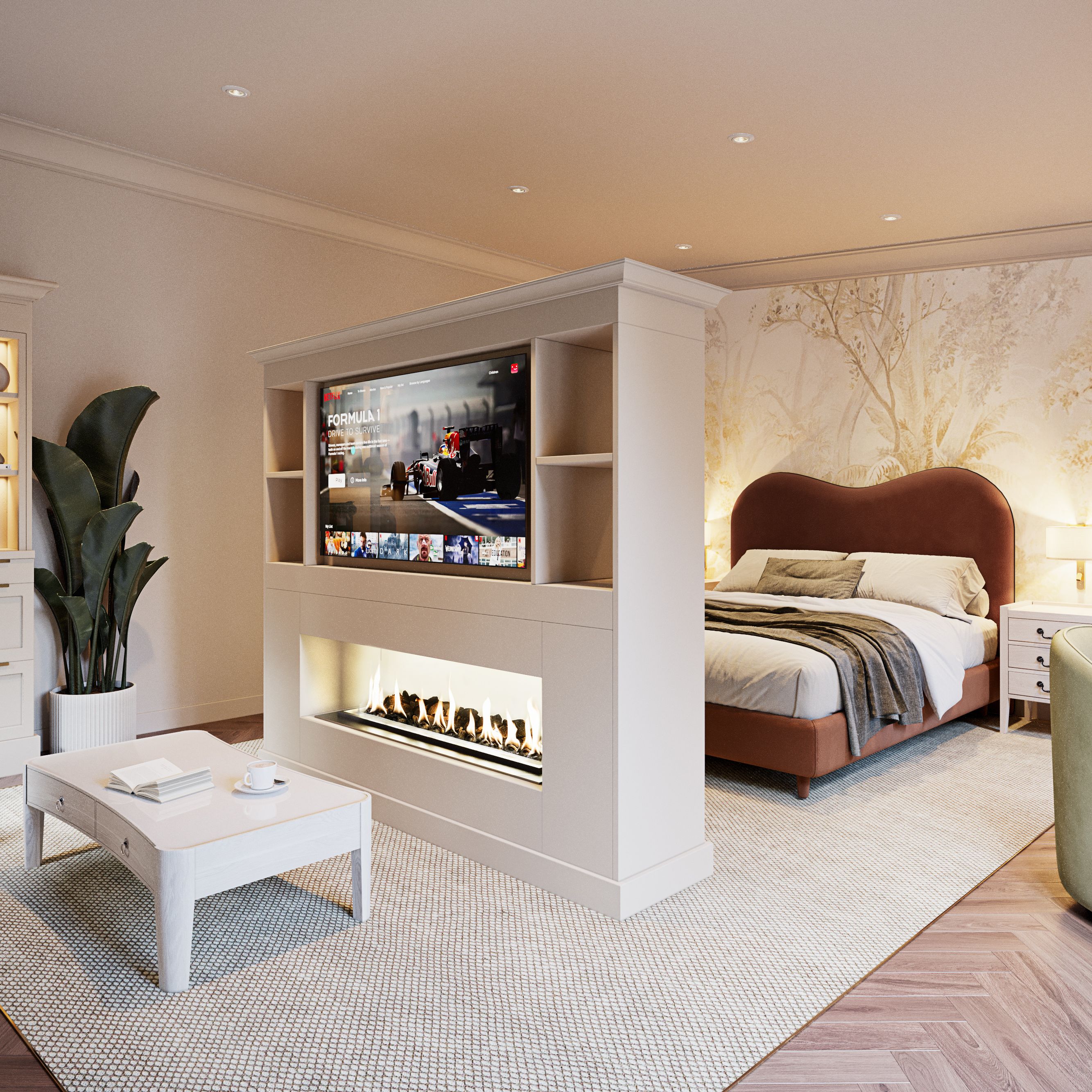 Modern suite interior with a cozy bed, partition fireplace, large TV, lounge area, and elegant furnishings