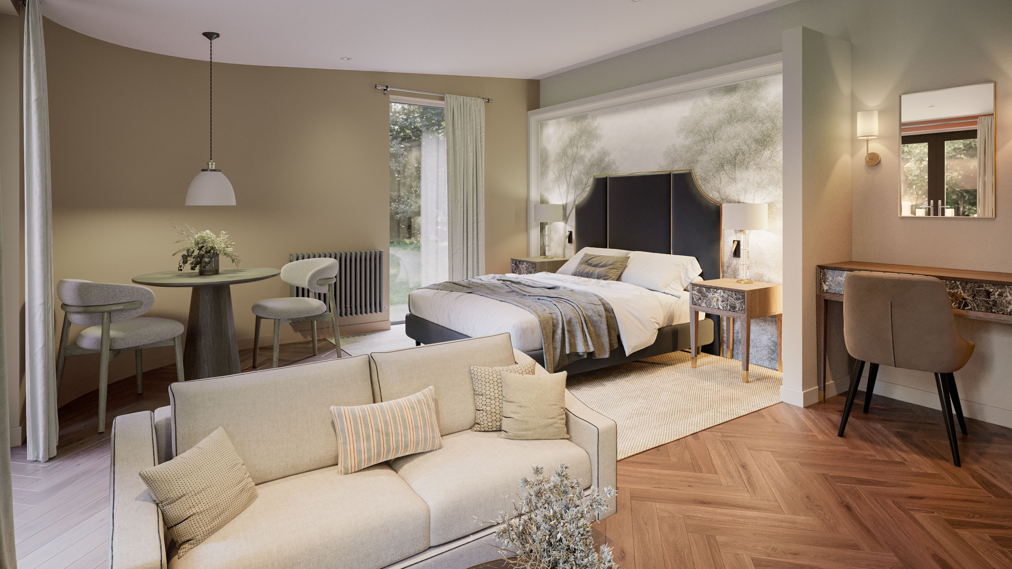 Modern suite interior with bed, sofa, dining table, and vanity