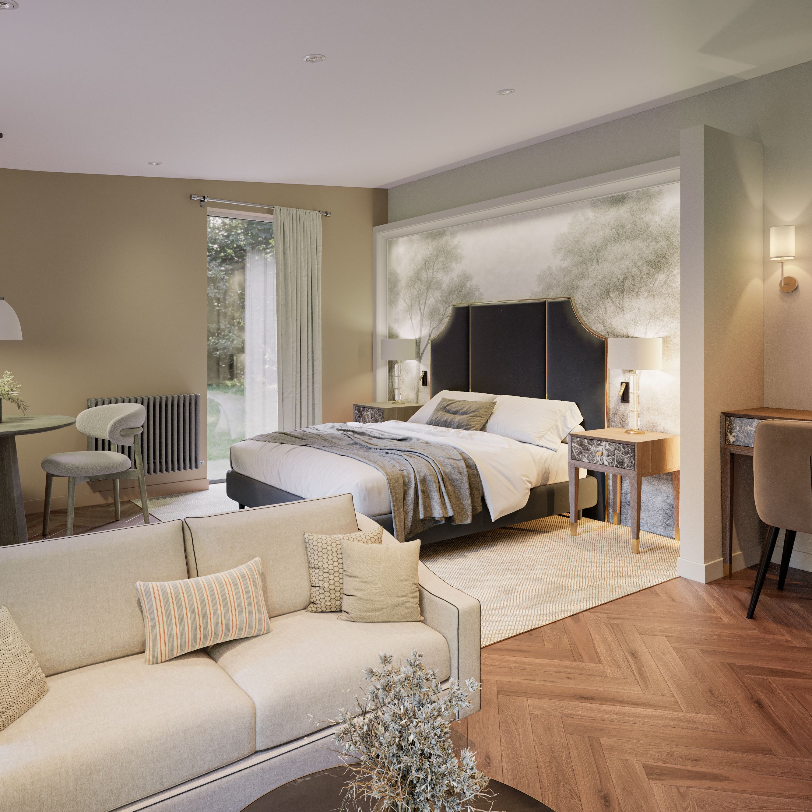 Modern suite interior with bed, sofa, dining table, and vanity