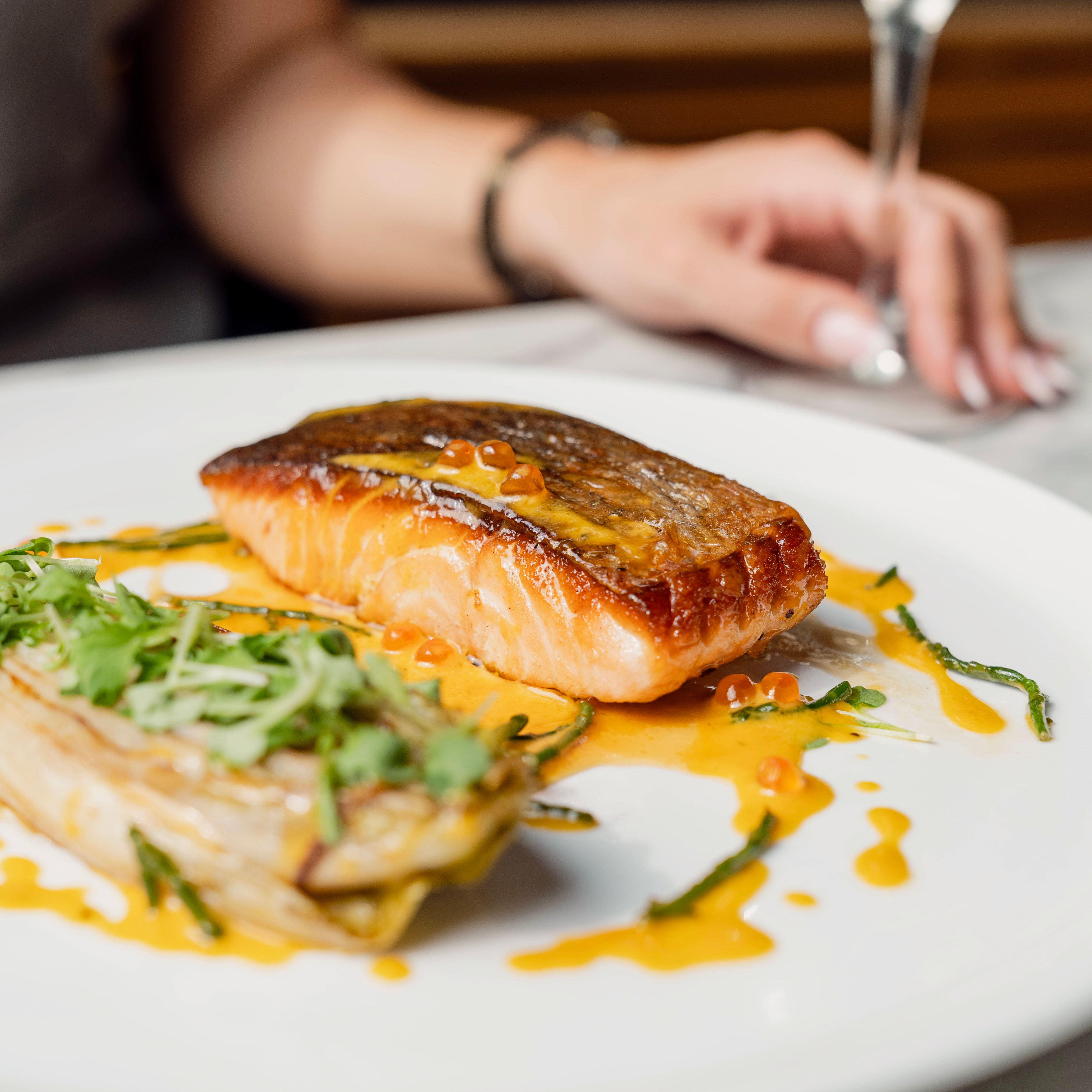 Grilled salmon fillet plated with garnish and sauce