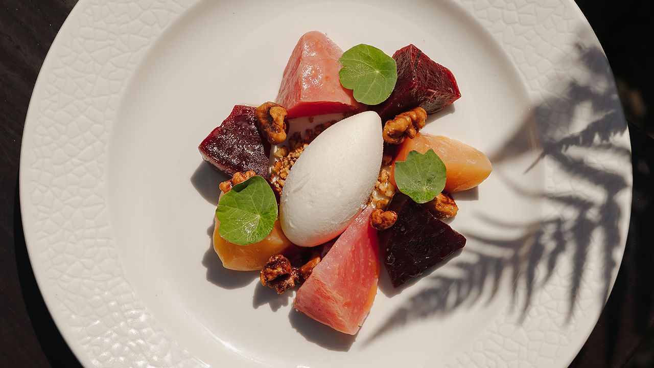 Gourmet dessert with colorful fruit pieces, a scoop of sorbet, nuts, and green leaves artfully arranged on a white plate.