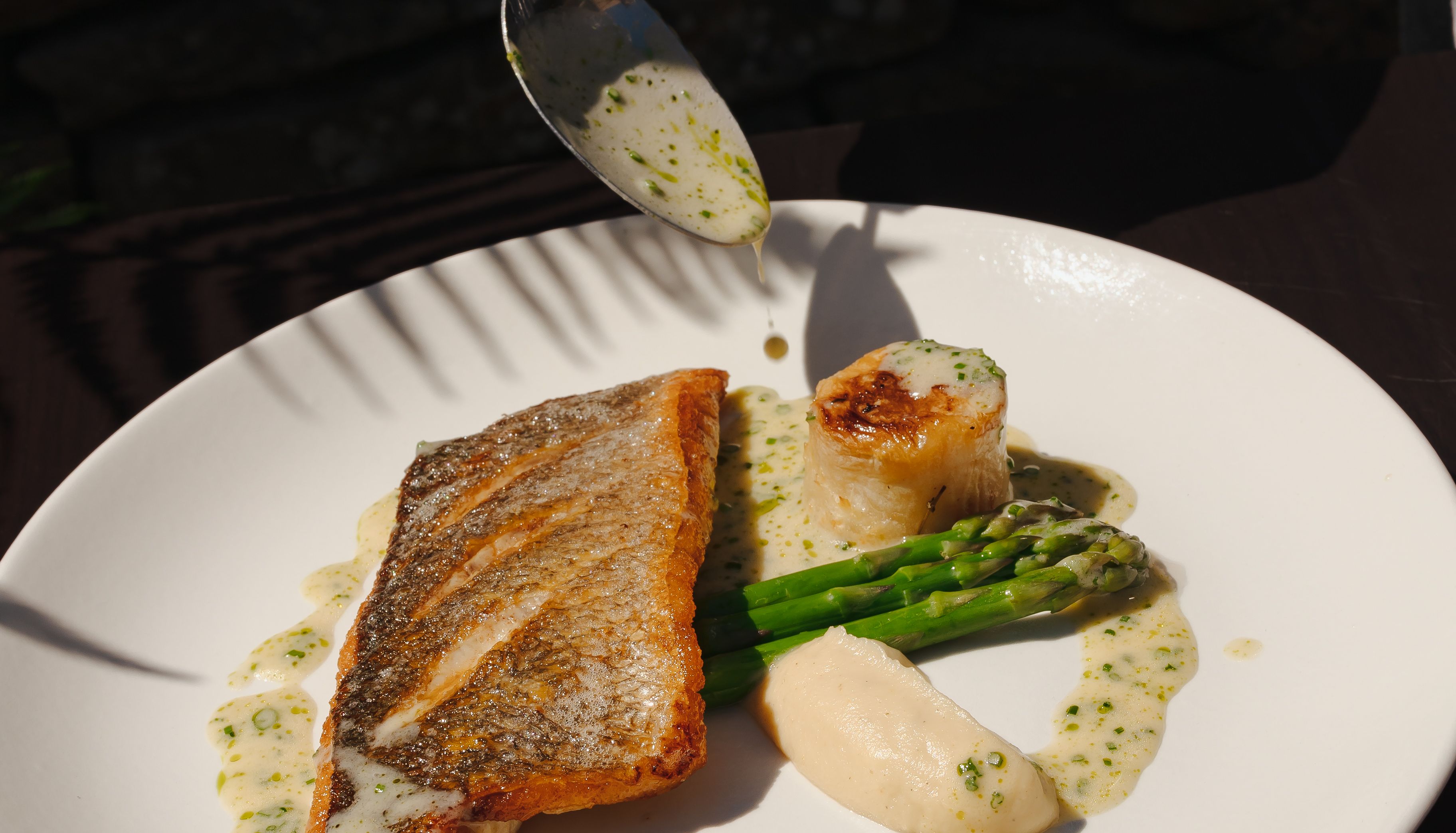 A plated dish with seared fish fillet, scallop, asparagus, and sauce being spooned over the dish.