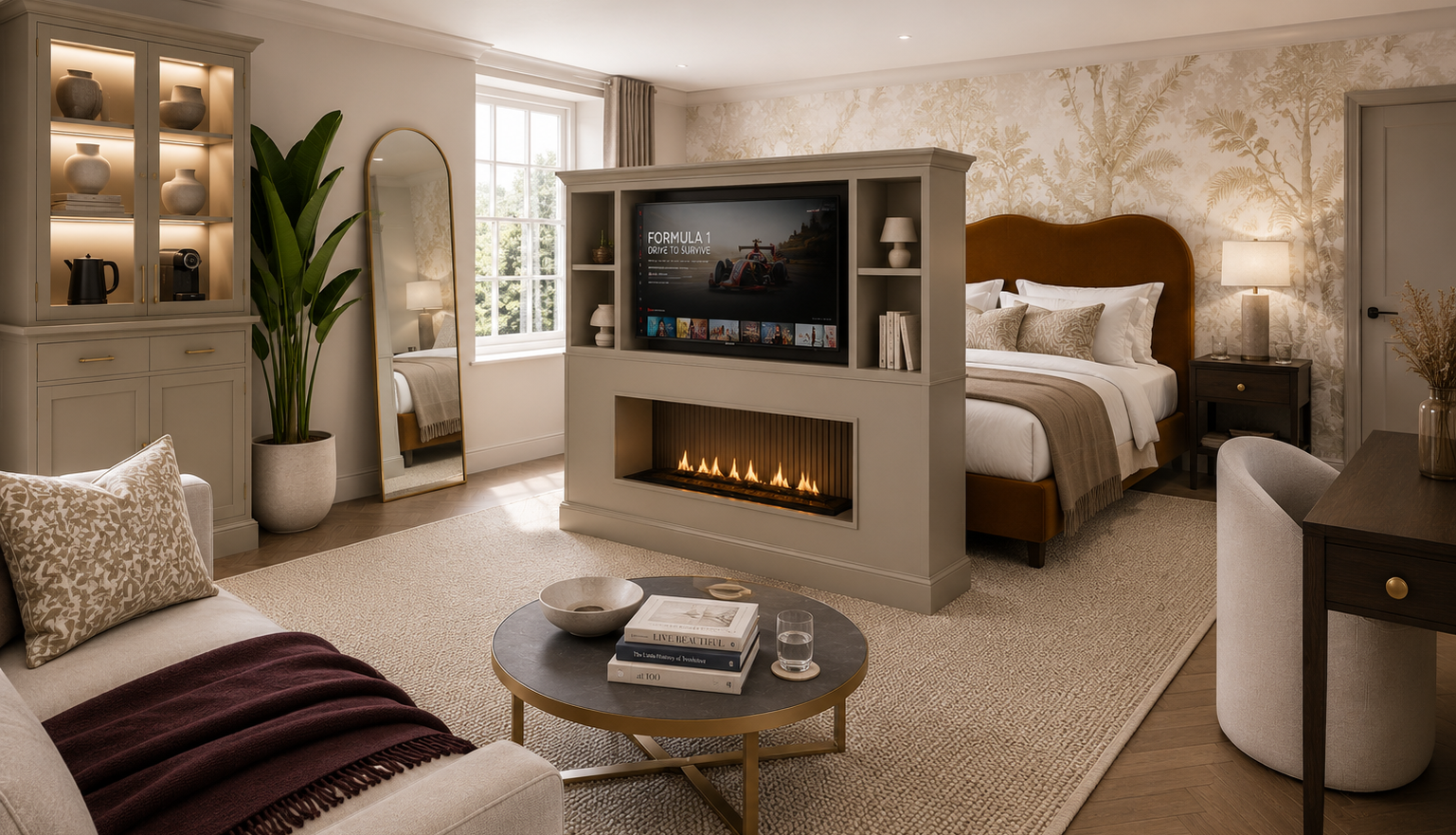 Contemporary hotel suite with cozy bed, fireplace, TV, and elegant decor