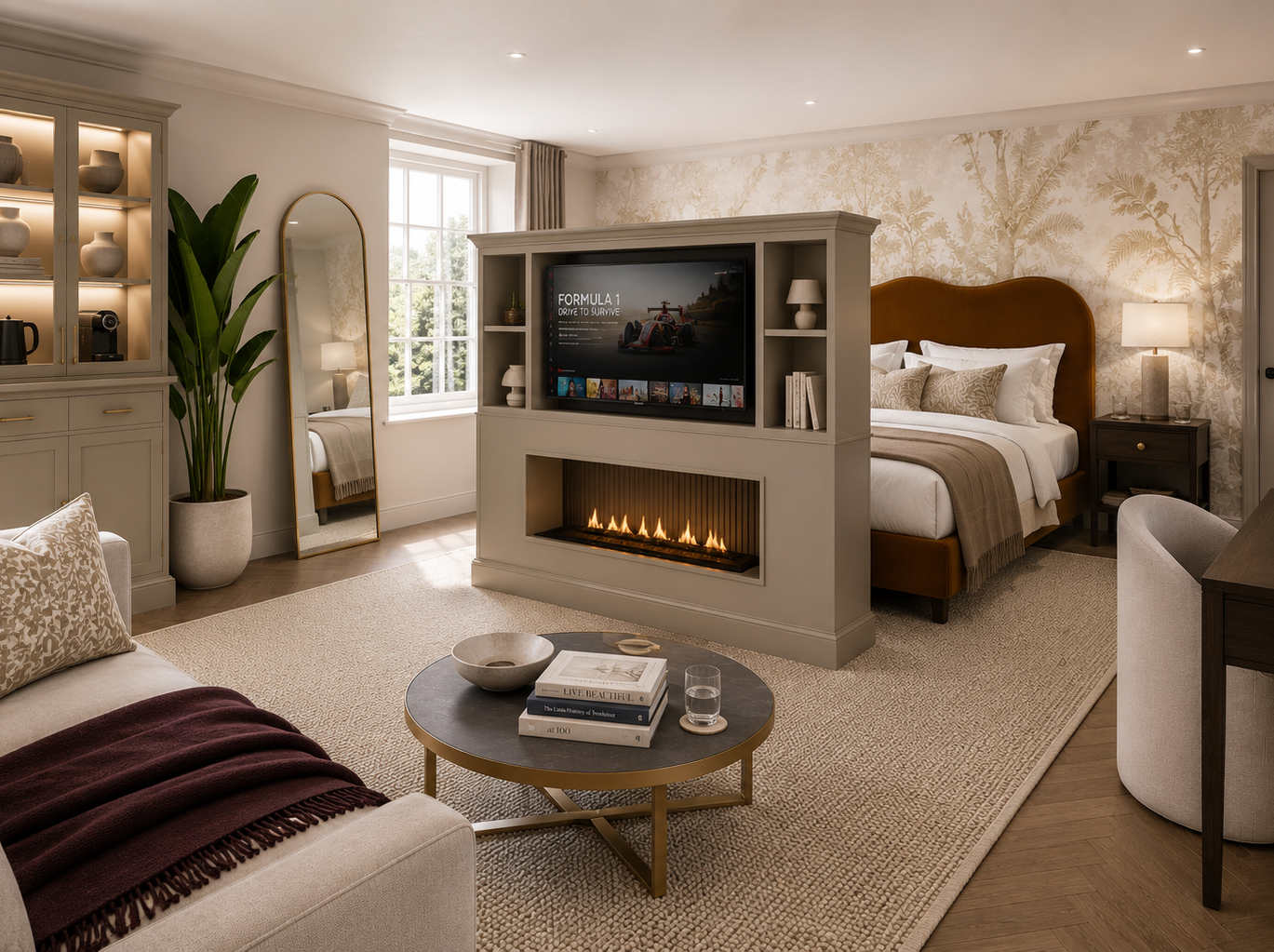 Contemporary suite featuring a cozy bed, modern fireplace, sofa, coffee table, and elegant decor with soft neutral tones.