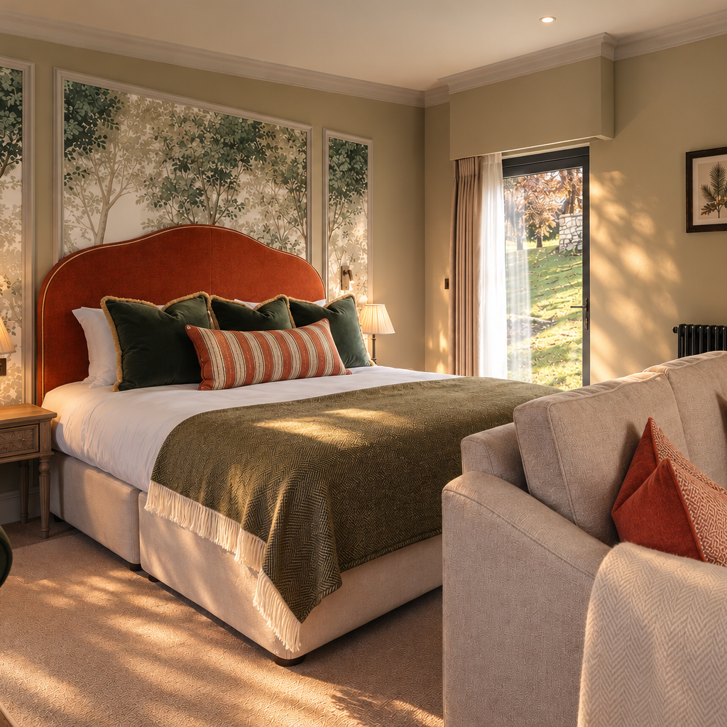 Warm Golden-Hour Boutique Bedroom