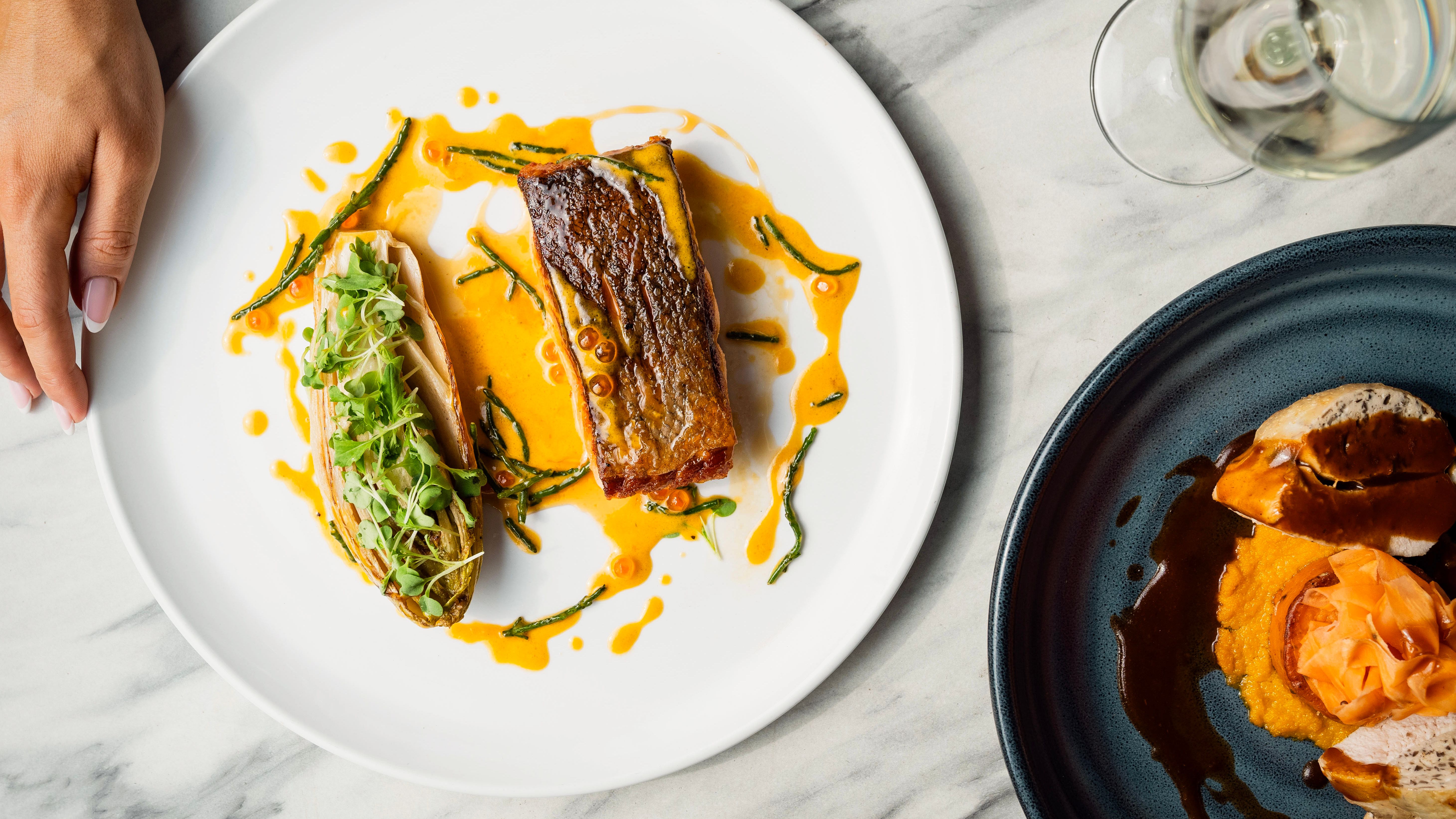 Gourmet plated dishes on a marble table, featuring a piece of seared fish with sauce, vegetables, and a glass of white wine.