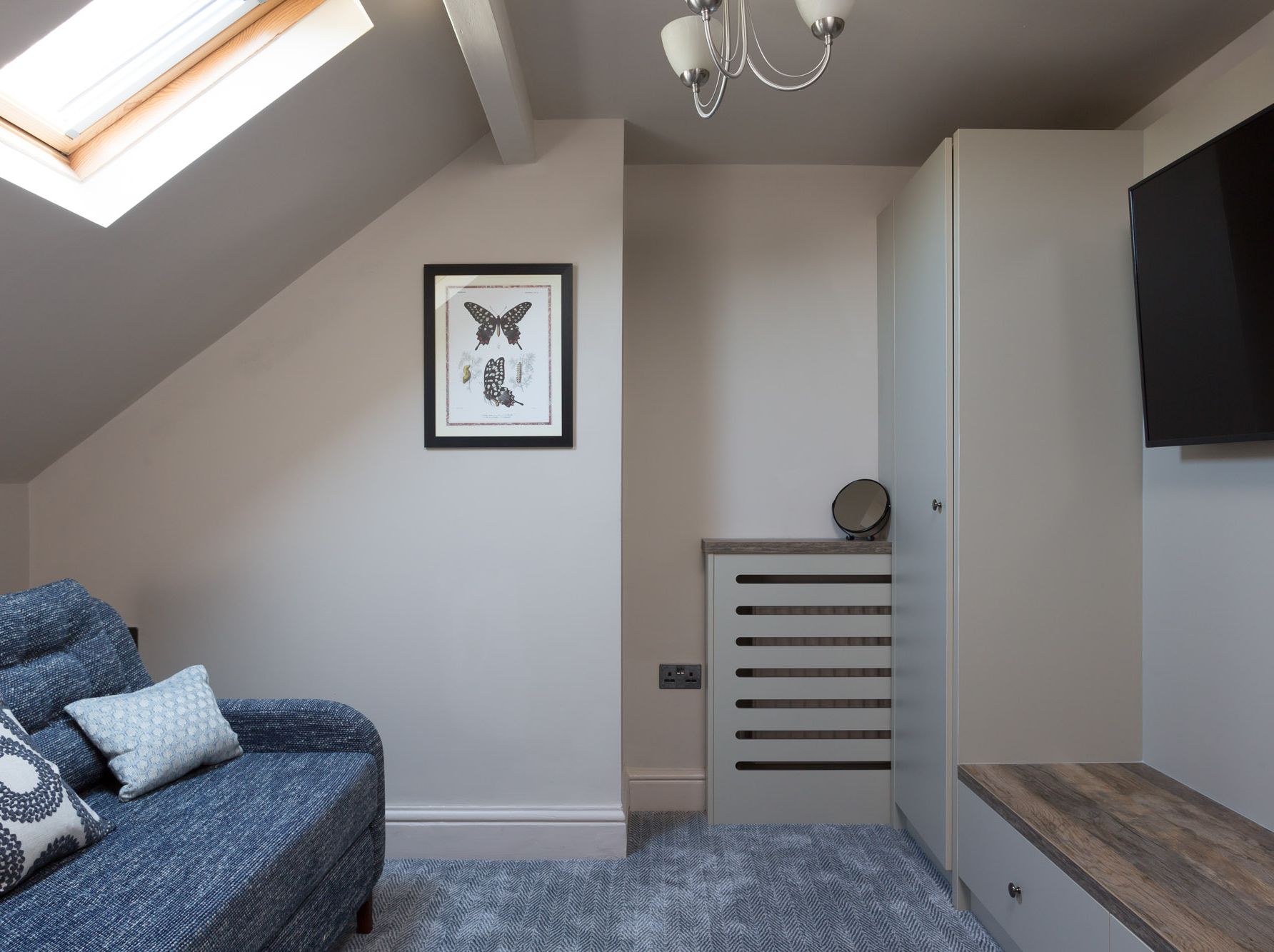Small modern attic room with a blue couch, patterned pillows, skylight, framed butterfly artwork, wardrobe, and TV.