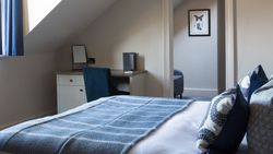 Cozy bedroom with a blue and white color scheme, a bed with patterned pillows, a desk with a blue chair, and an adjacent room with a framed butterfly print on the wall.