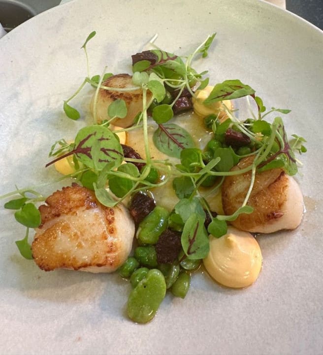 A meal of scallops dressed with a lemon sauce and greens
