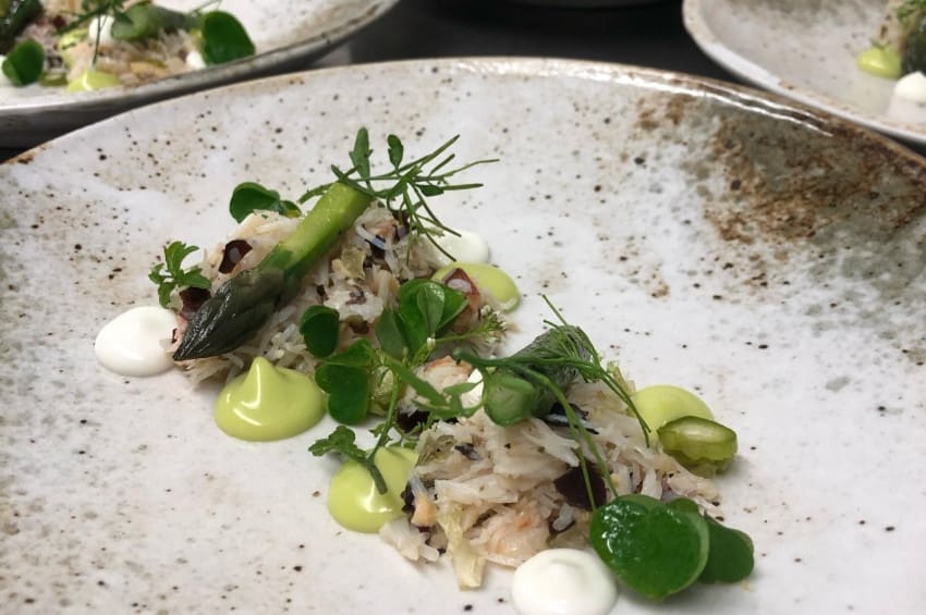 Lemon Dressed Devon Crab, Charred Asparagus, Pickled Kohlrabi & Avocado