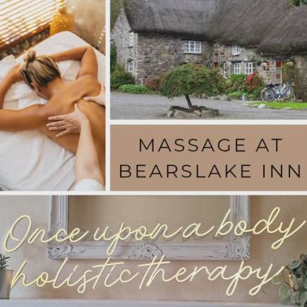 Collage featuring massage therapy and the Bearslake Inn, with text promoting holistic therapy.