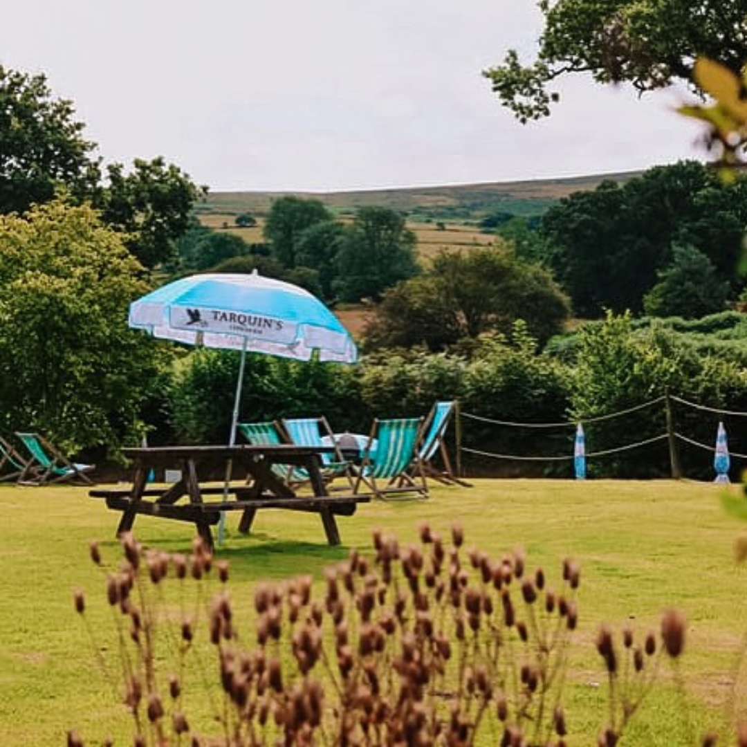 Outdoor patio area with wooden picnic tables, a turquoise and white TARQUIN'S umbrella, striped deck chairs, and lush green scenery in the background.