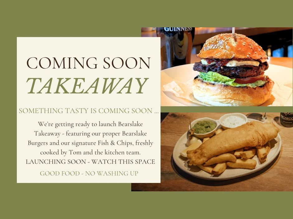 Announcement for BearsLake Takeaway featuring images of a burger and fish & chips.