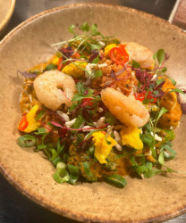 Roasted cauliflower and okra masala with king prawns