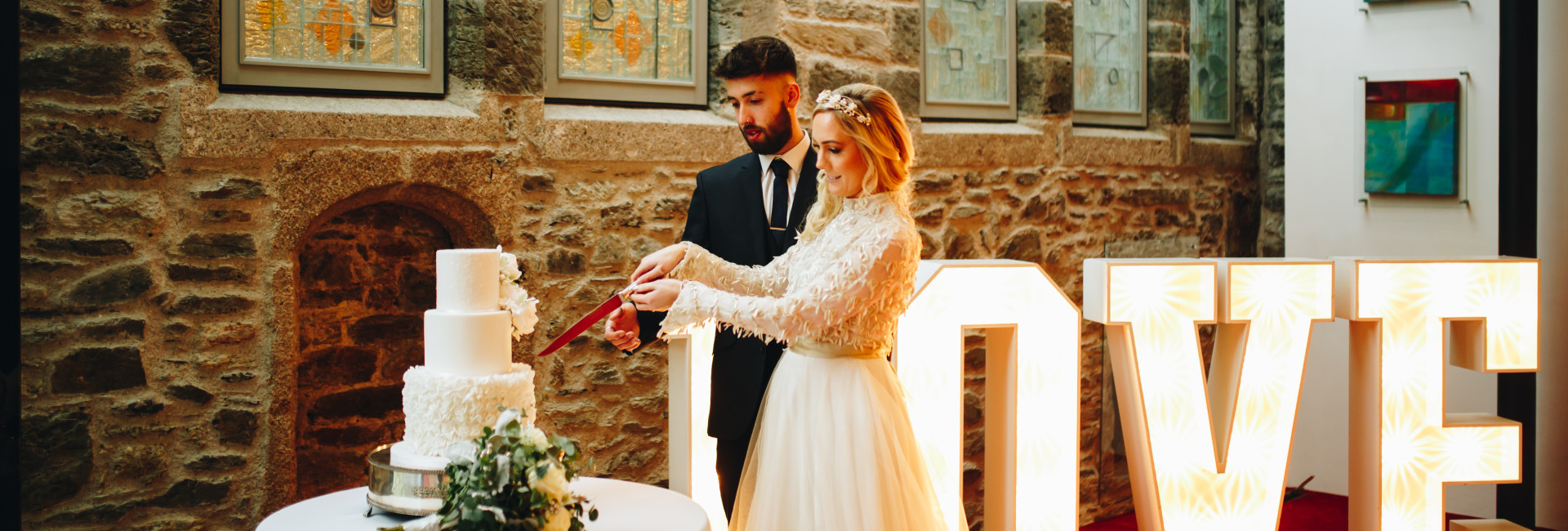 Bride and groom at their Winter wedding