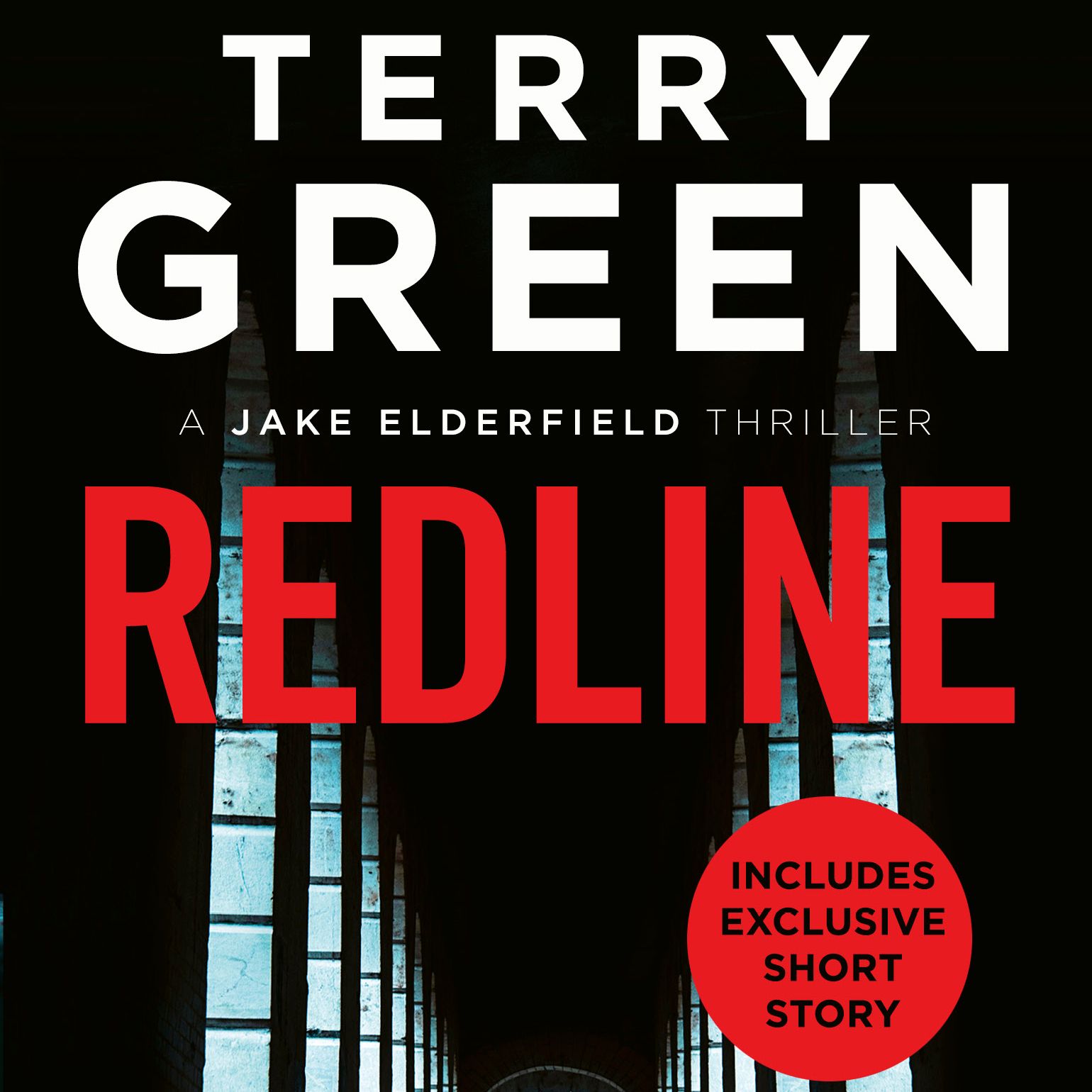 Cover of the book 'Redline' by Terry Green, featuring a silhouetted figure walking through an arched hallway with blue-lit windows.
