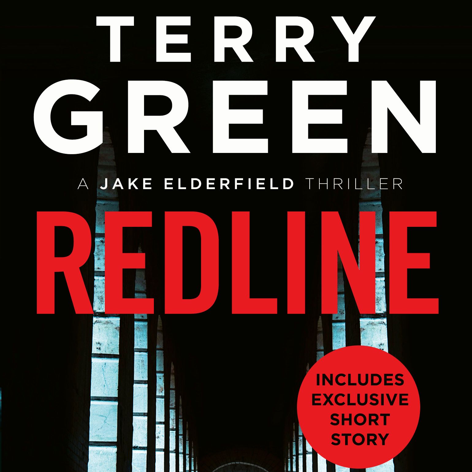 Cover of the book 'Redline' by Terry Green, featuring a silhouetted figure walking through an arched hallway with blue-lit windows.
