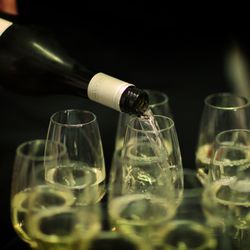 A person pouring white wine into a group of wine glasses
