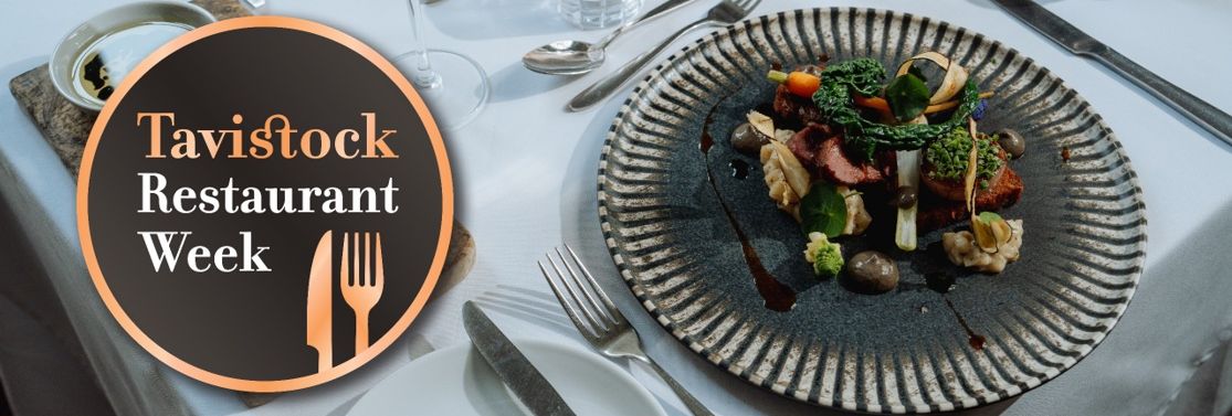 Tavistock Restaurant Week promotional image with a plated gourmet dish on a table set for dining