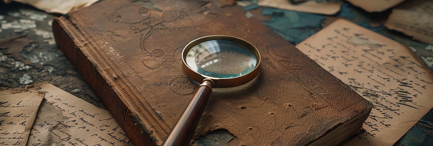 Magnifying glass resting on an old, worn book surrounded by scattered vintage papers with handwritten notes