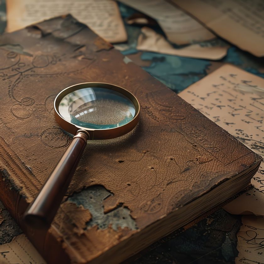 Magnifying glass resting on an old, worn book surrounded by scattered vintage papers with handwritten notes