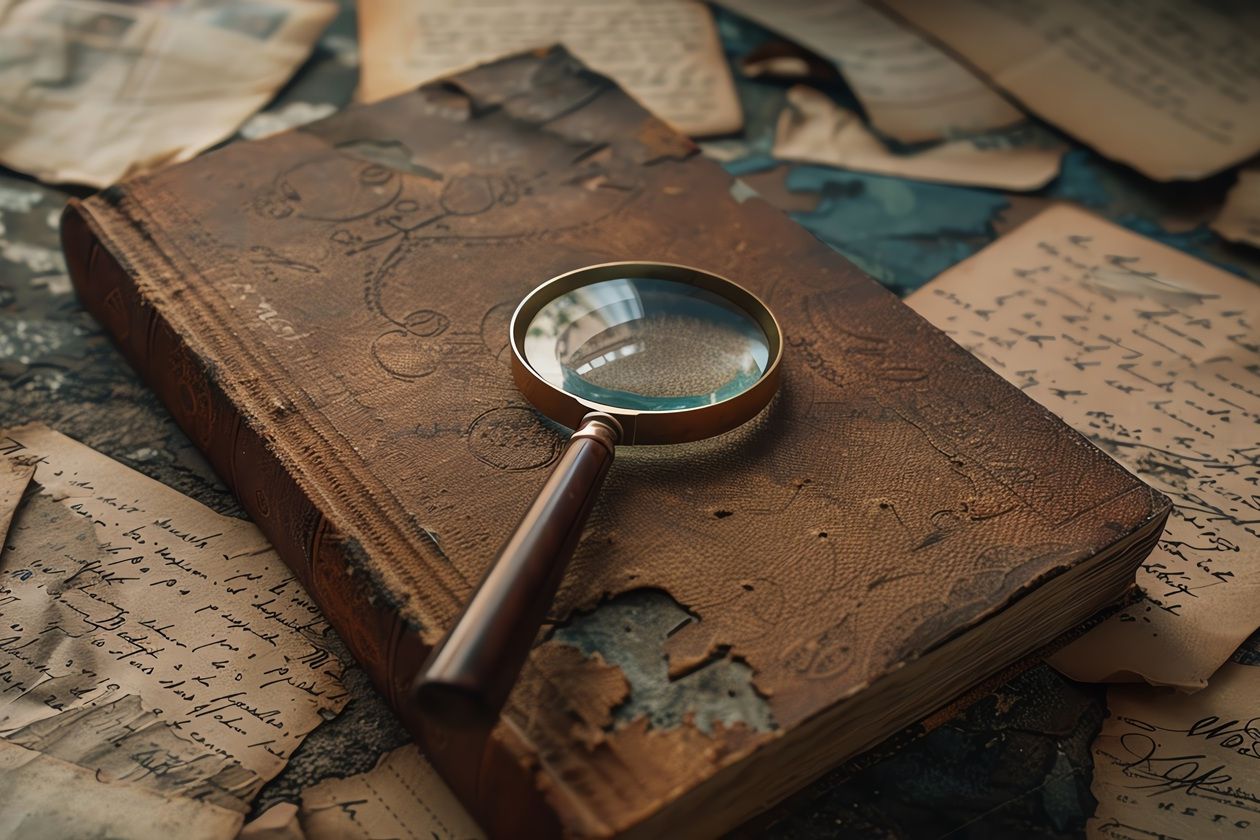 Magnifying glass resting on an old, worn book surrounded by scattered vintage papers with handwritten notes