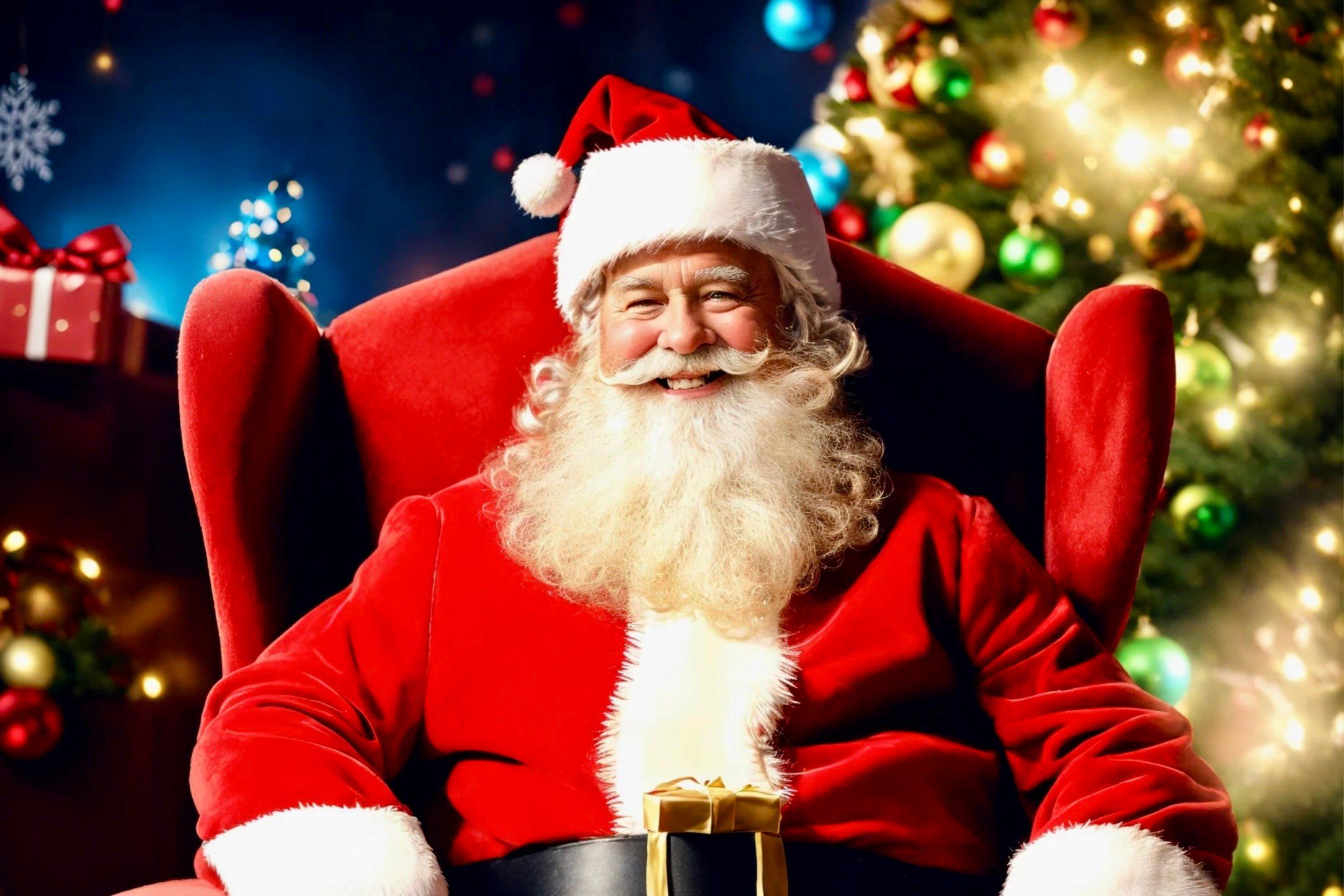 Santa Claus sitting on a red chair in front of a Christmas tree