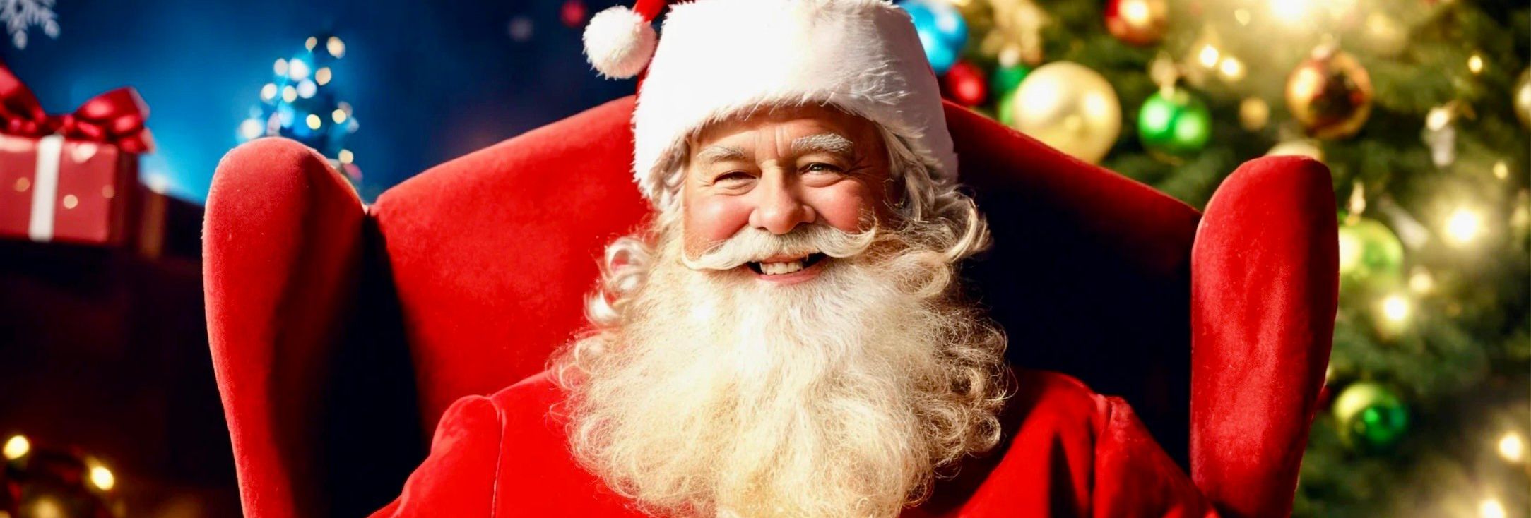 Santa Claus sitting on a red chair in front of a Christmas tree