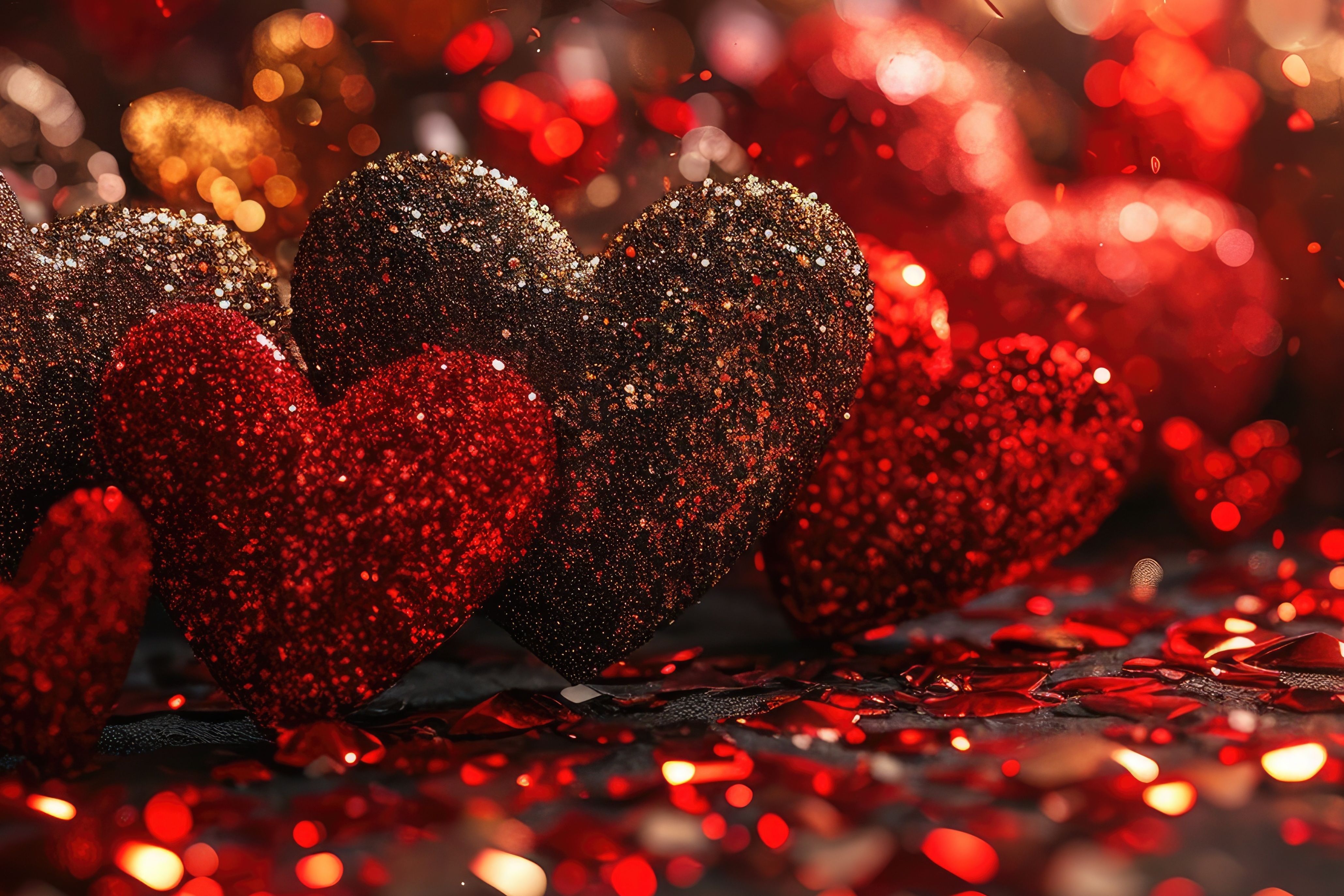 Glittery red and gold hearts amid sparkling confetti, celebrating Valentine's Day